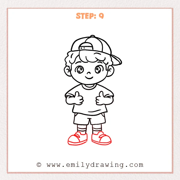 how to draw a cartoon boy - Cartoon boy with backward cap, thumbs up, shorts, striped socks, and finished sneakers with rounded toes and simple lace details.